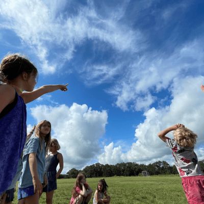 Children pointing and looking at clouds in a park under a blue sky.