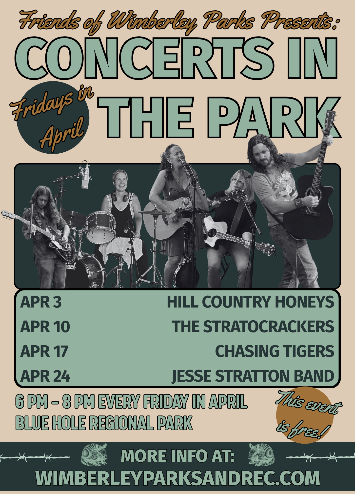 Concerts in the park poster with band images and April event details.
