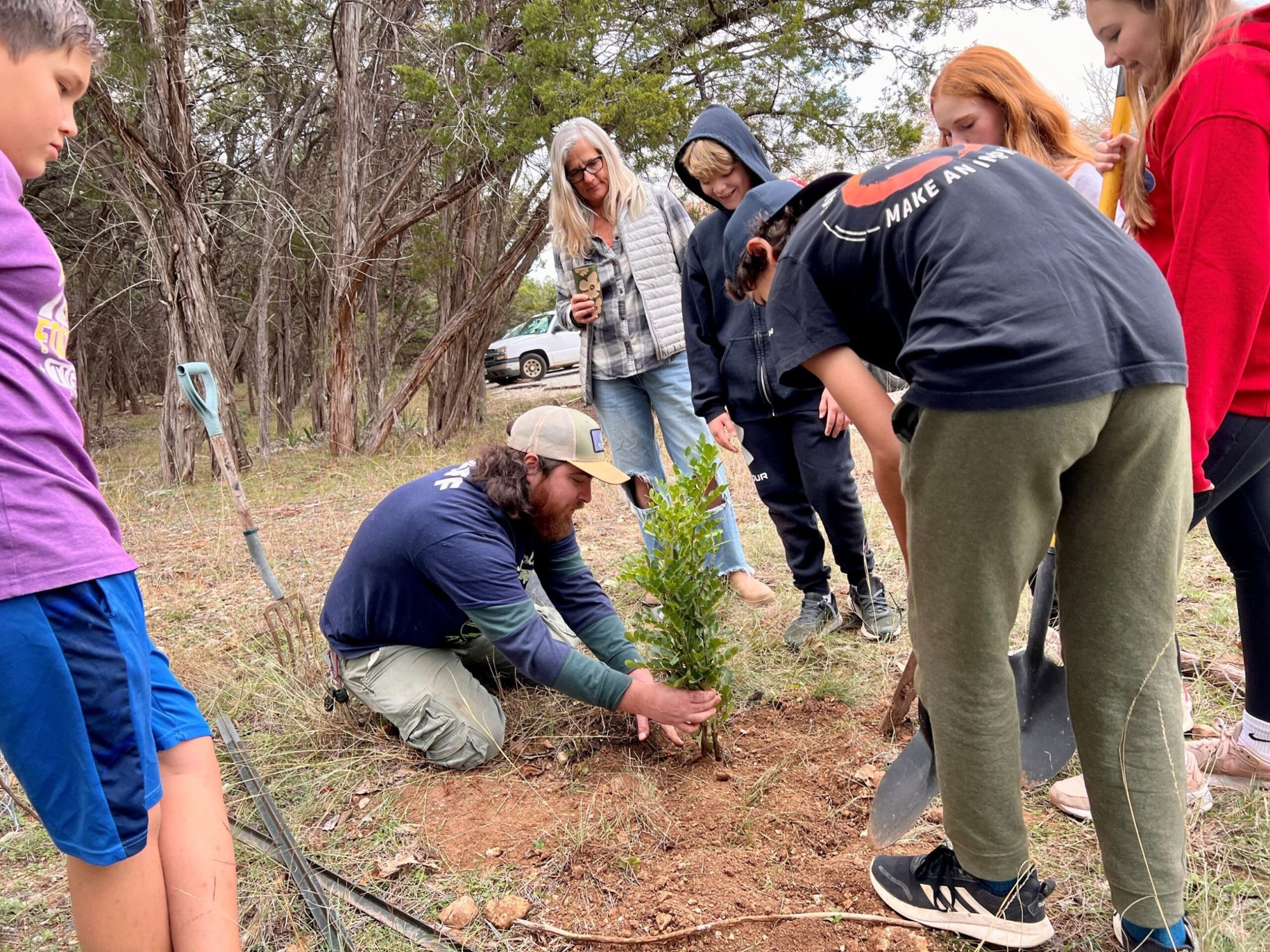 person plants tree as people watch
