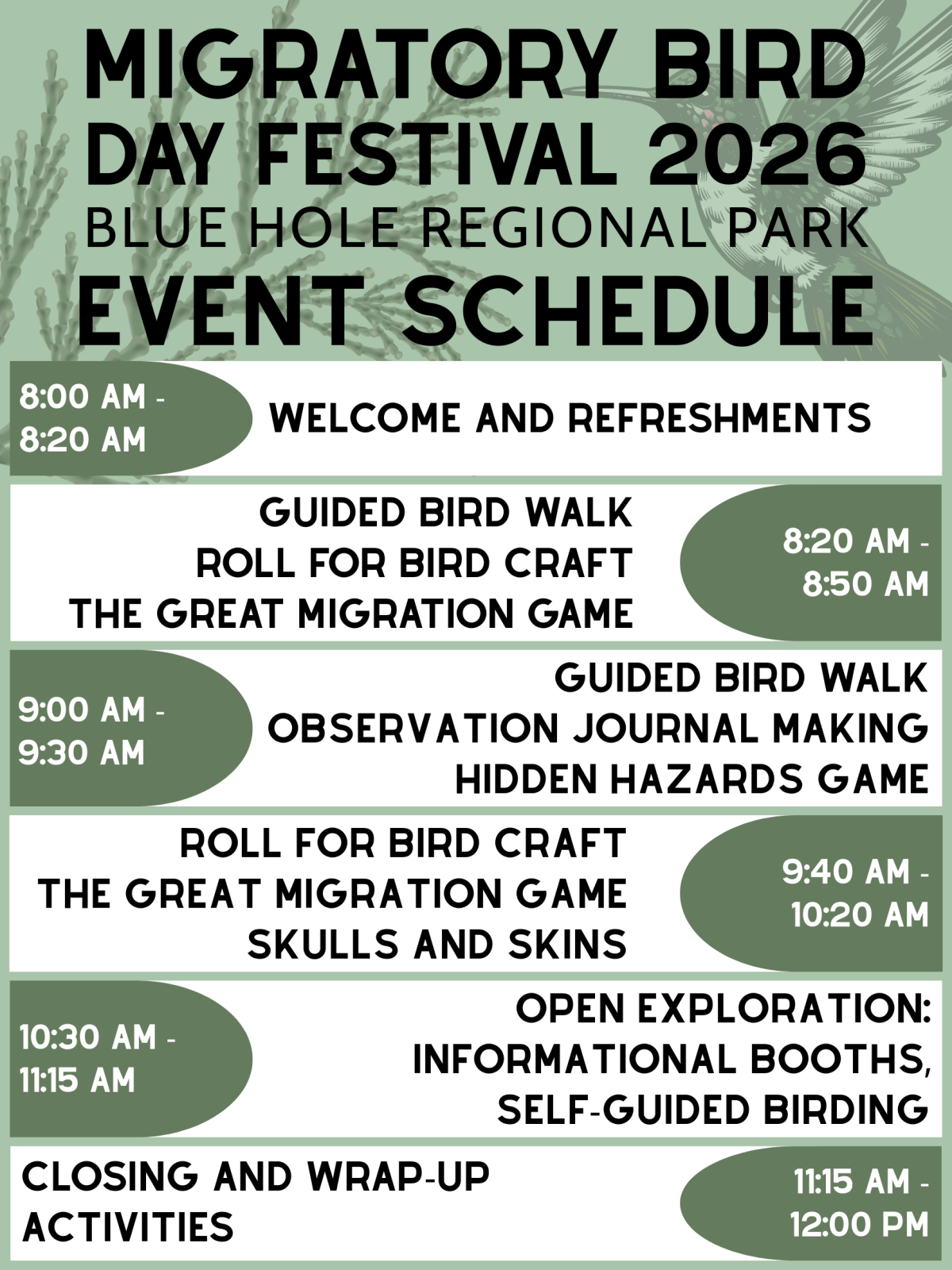 Migratory Bird Day Festival 2026 schedule with times and activities.