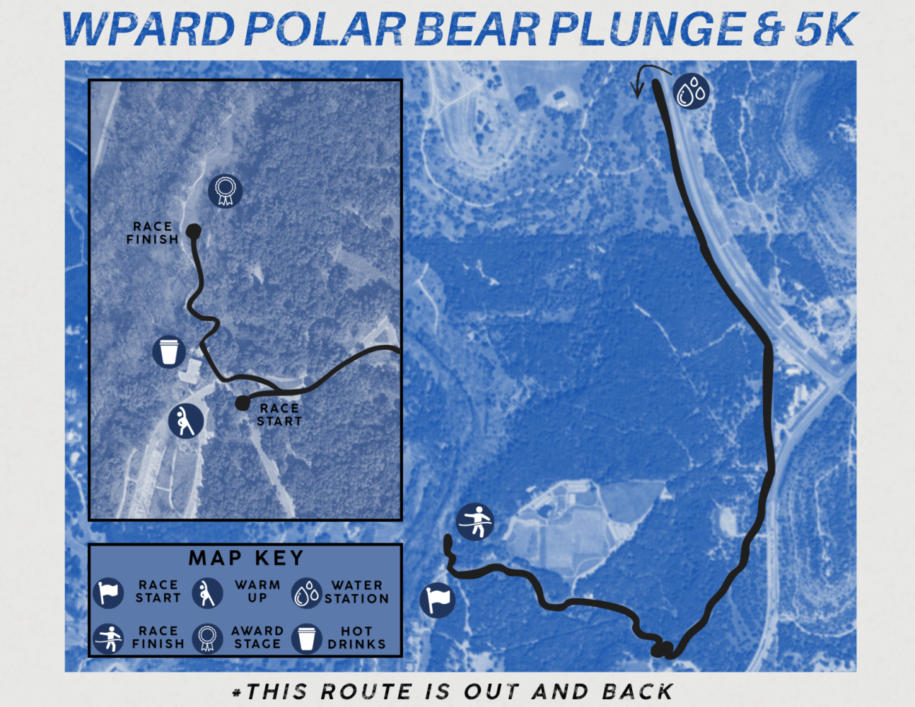 Map of WPARD Polar Bear Plunge & 5K route with start and finish points marked.
