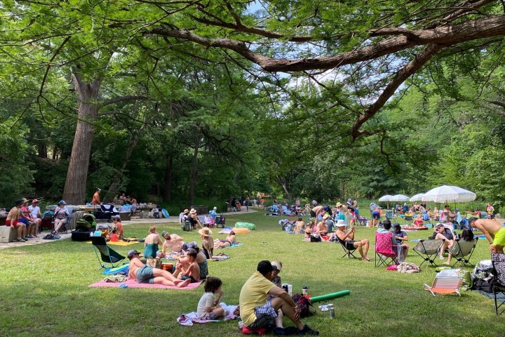 a group of people sitting at a park