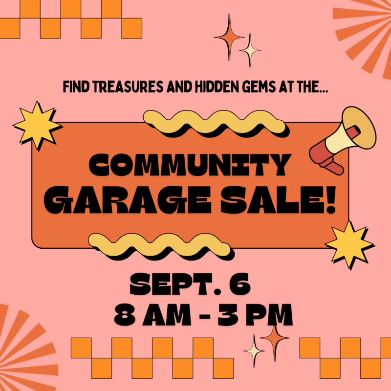 GARAGE SALE 9-6-25 Community garage sale poster with date Sept. 6 and time 8 AM-3 PM, on pink background with stars and checkerboard.