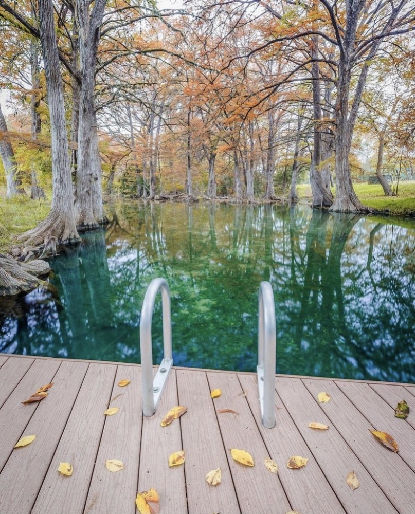 Ladder leads from wooden deck to clear river flanked by autumn trees.