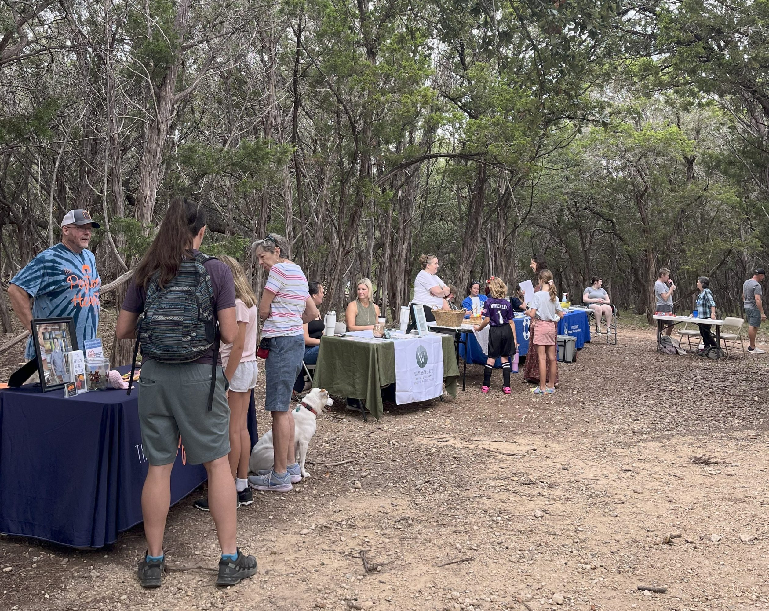 People gathered at outdoor tables in a wooded area under a cloudy sky.