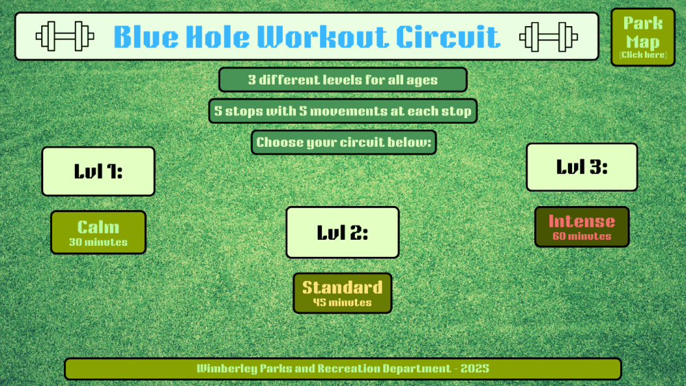 Blue Hole Workout Circuit poster with 3 levels: Calm, Standard, Intense. Includes park map link. Green grass background.