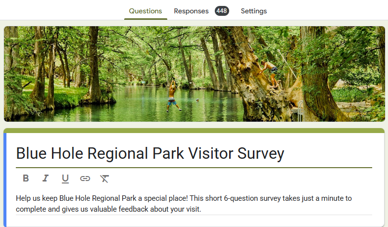 Survey page with a header image of a person swinging over a river in a forested area.