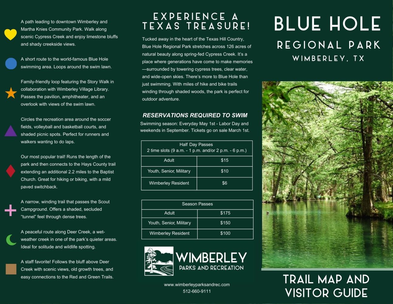 Blue Hole Regional Park guide with trail descriptions and swimming info next to a creek photo.