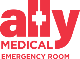 Red text logo: 'ally Medical Emergency Room', 'y' with a cross symbol.