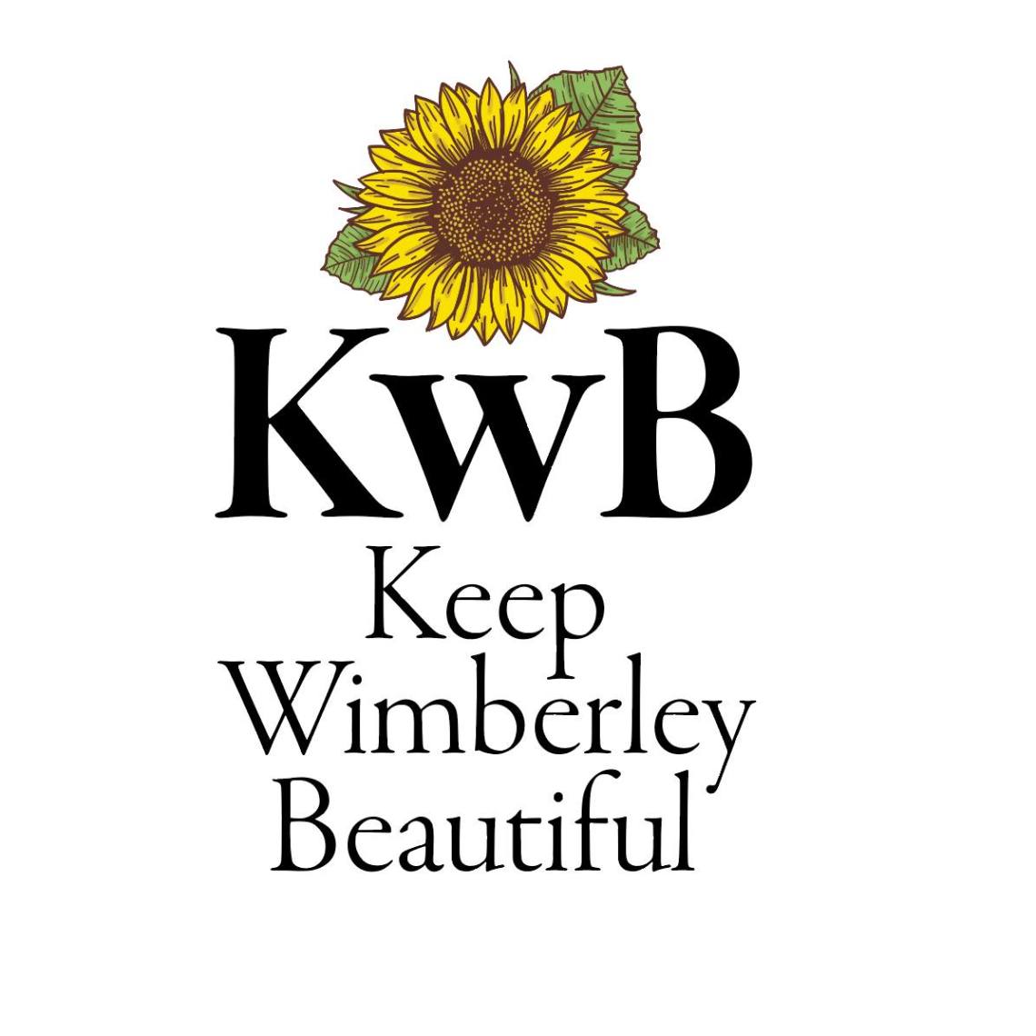 Logo with sunflower and text: KWB Keep Wimberley Beautiful.