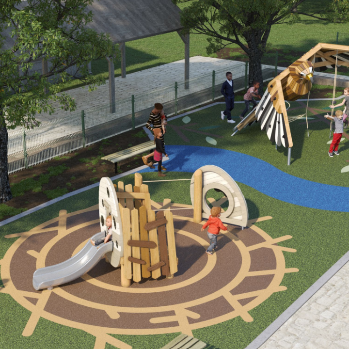 Children playing on a colorful playground with slides and climbing structures.