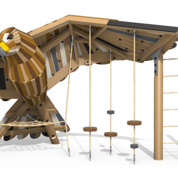 Playground equipment shaped like a large wooden owl with ropes and climbing features.