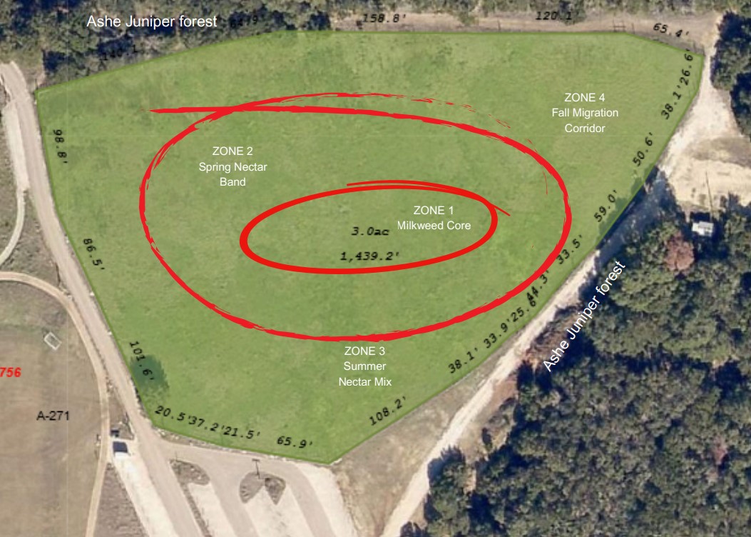 Aerial view of meadow with zones for butterfly habitats marked in red.