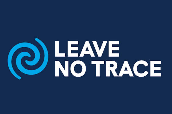 Blue swirl logo with text: 'LEAVE NO TRACE' on dark background.