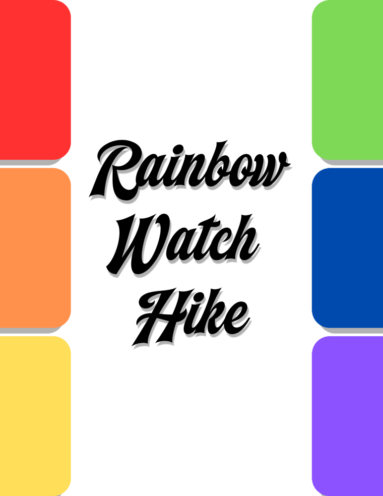 Text 'Rainbow Watch Hike' with rainbow-colored squares on the sides.
