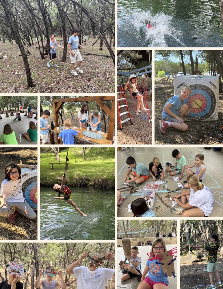 Collage of kids at camp: archery, crafts, swimming, and nature activities.