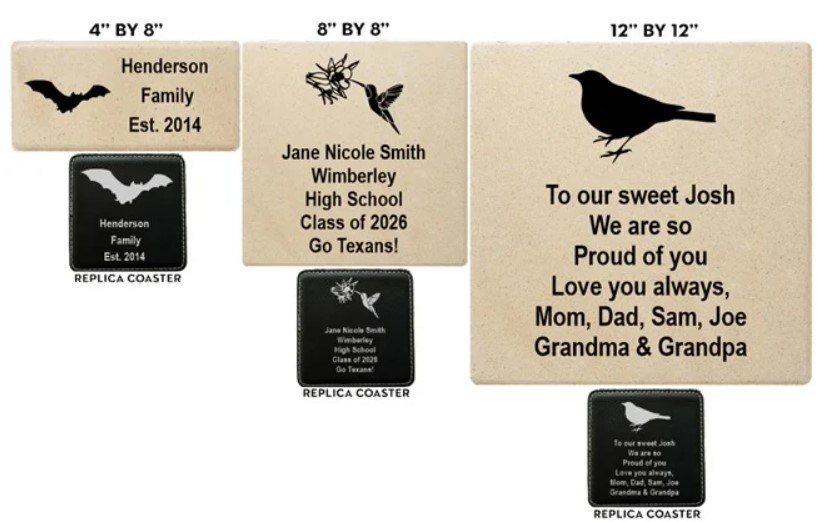 Three engraved tiles with coasters depicting family names, a flower, and a bird, each with unique text.