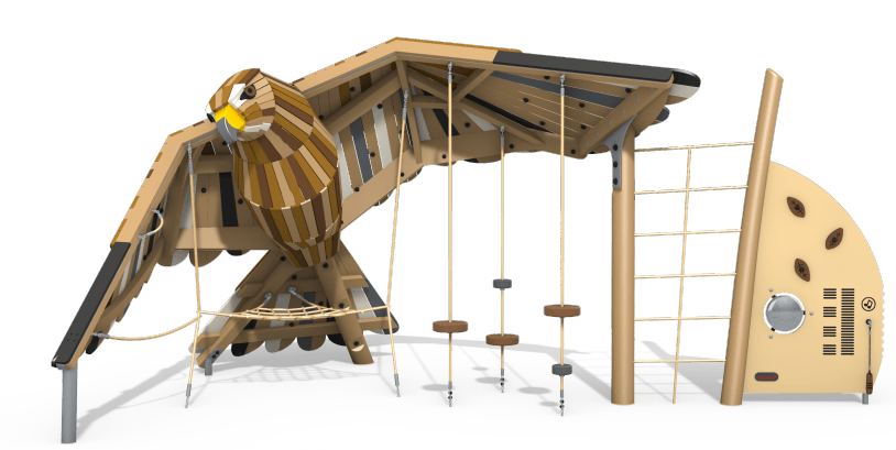 Playground structure shaped like a bird with ropes and climbing features.
