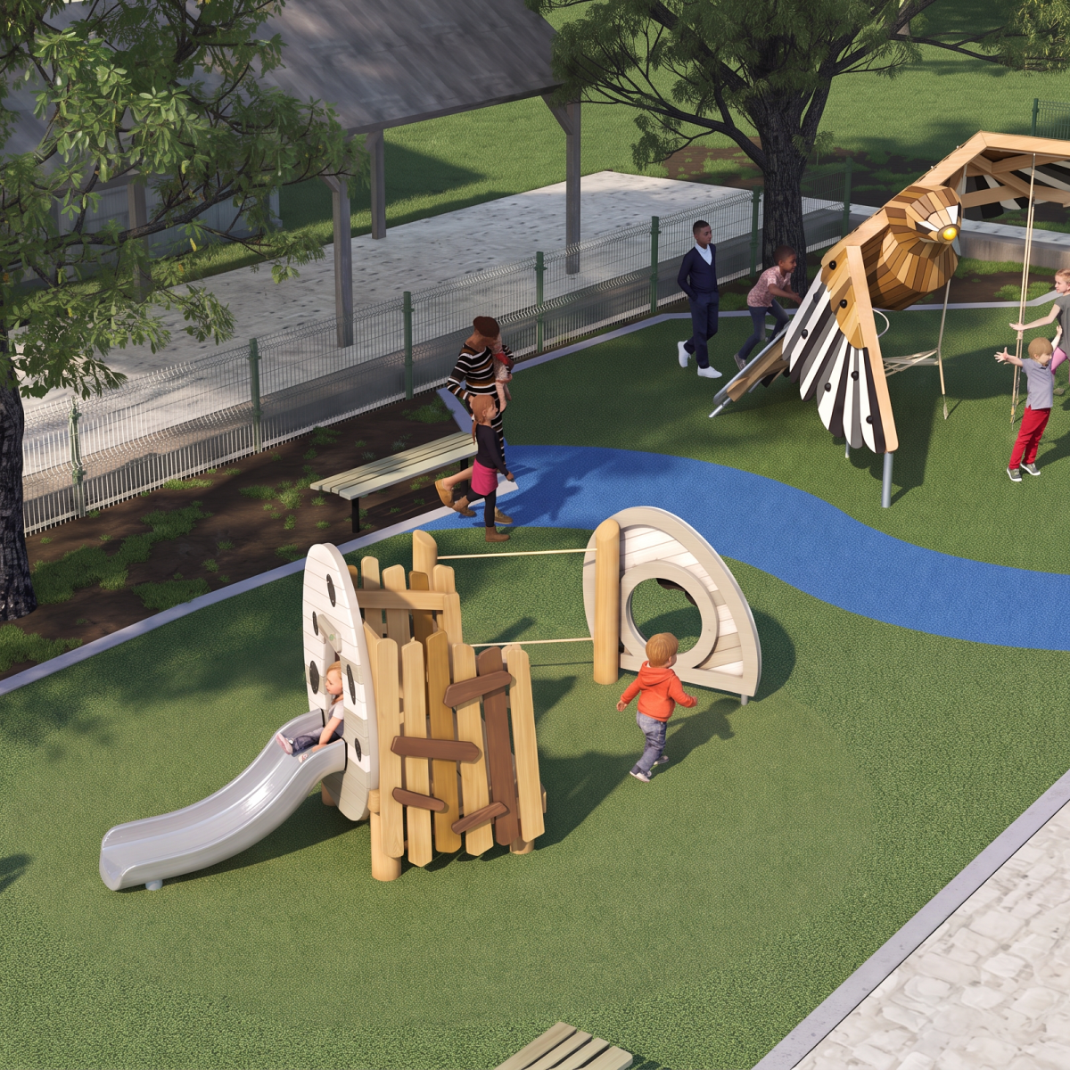 Children playing on a colorful playground with slides and climbing structures.