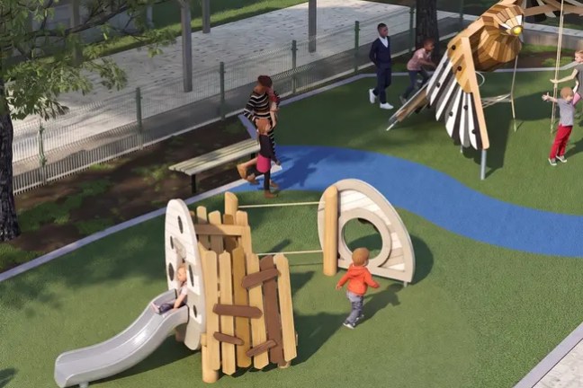 Children playing on playground equipment with adults nearby.