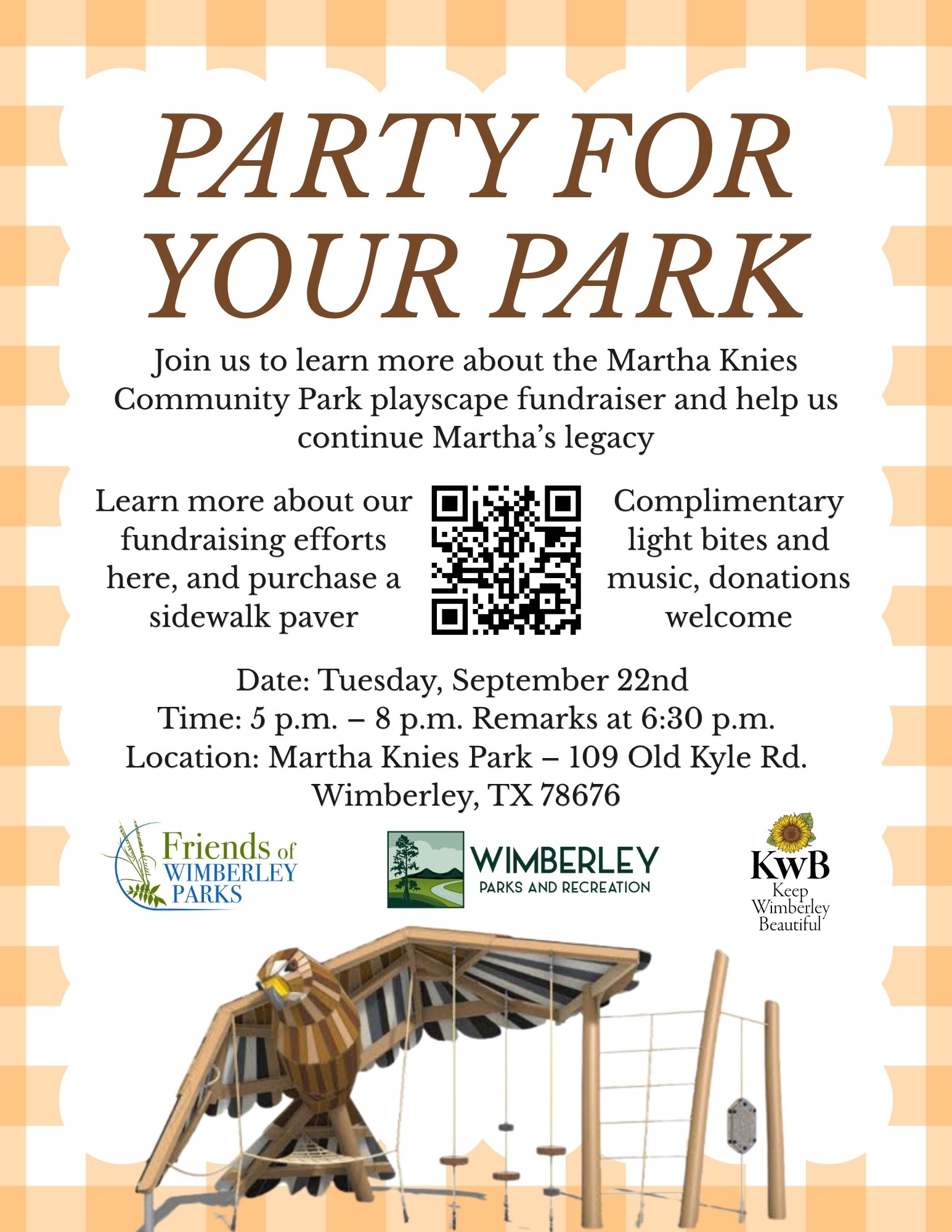 Flyer for a park fundraiser with event details and a QR code.