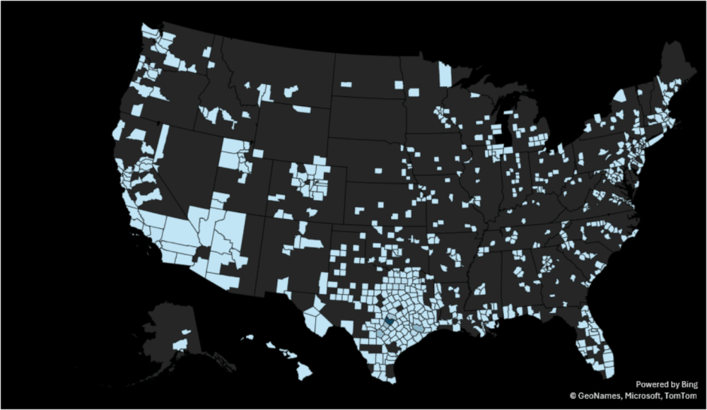Map of the U.S. highlighting certain counties in light blue.