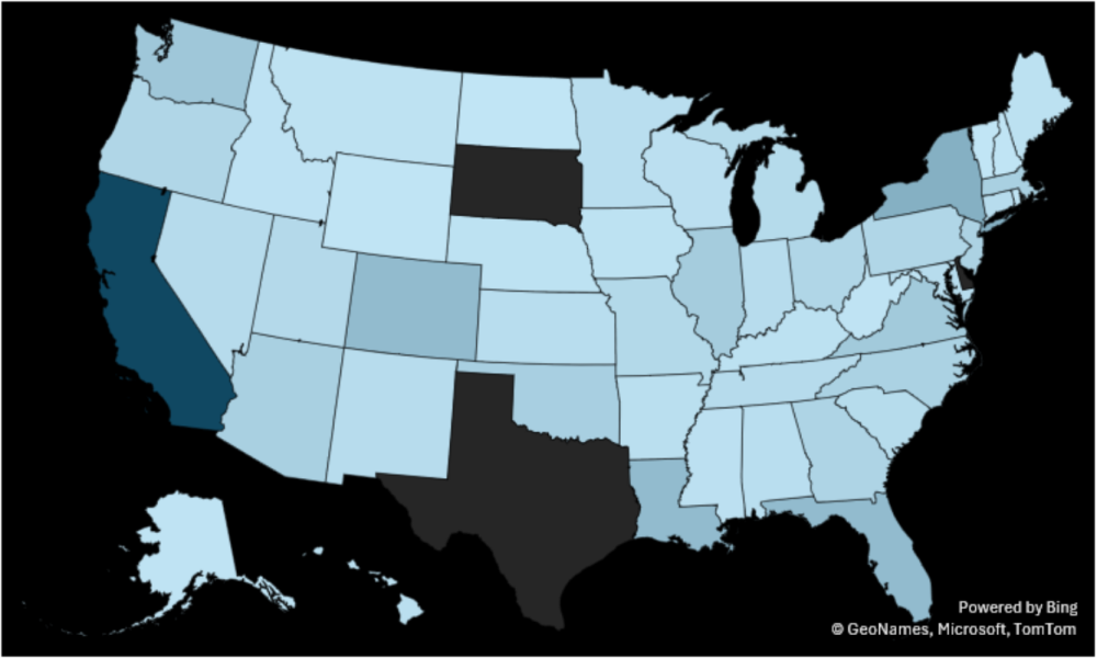 U.S. map highlighting certain states in dark blue.