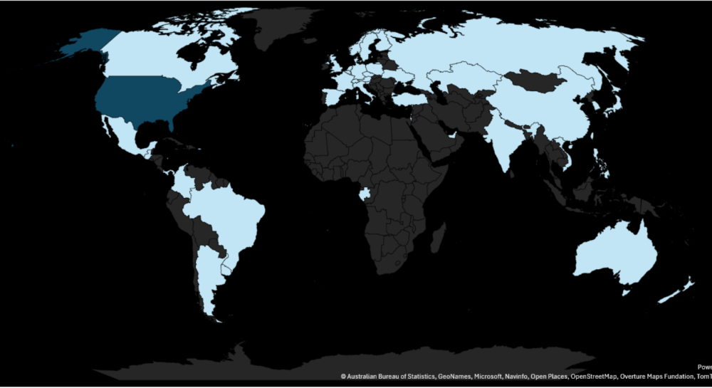 World map highlighting countries in light blue and one in dark blue.