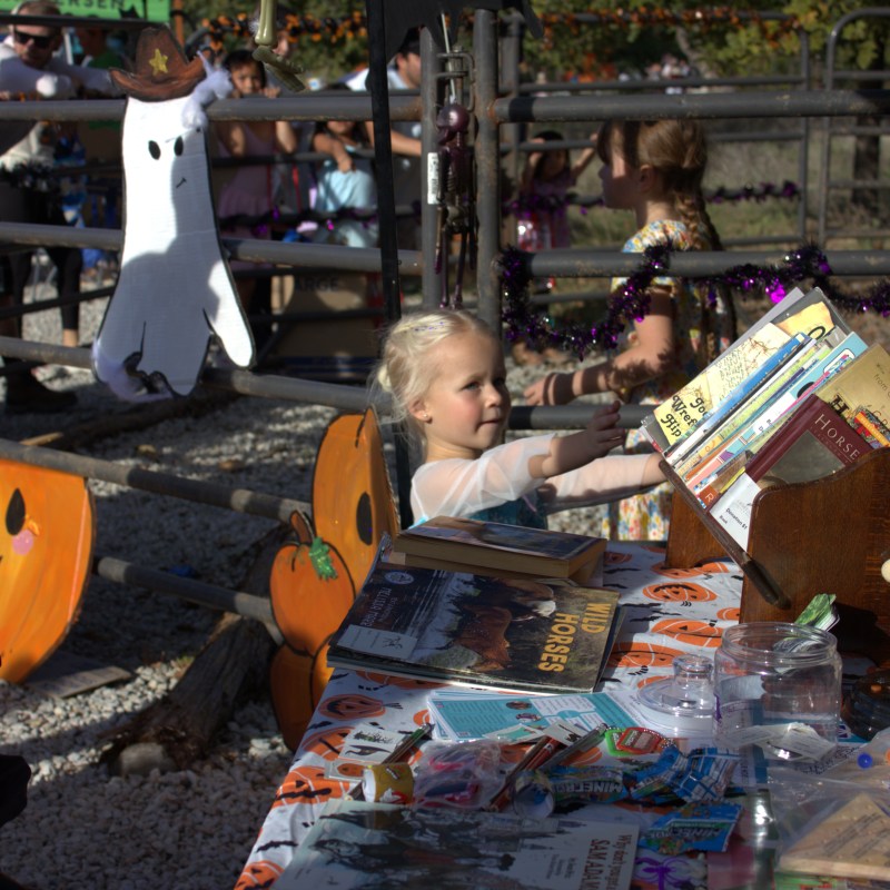 Child at a Halloween-themed table with books and pumpkin decorations.