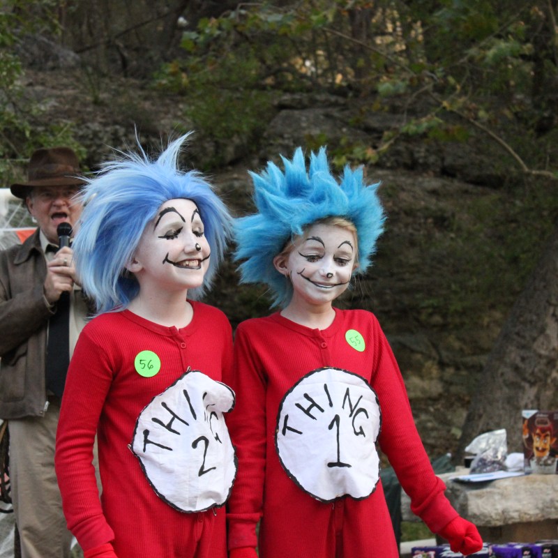 Two people in red costumes with blue wigs outdoors, labeled 'Thing 1' and 'Thing 2'.