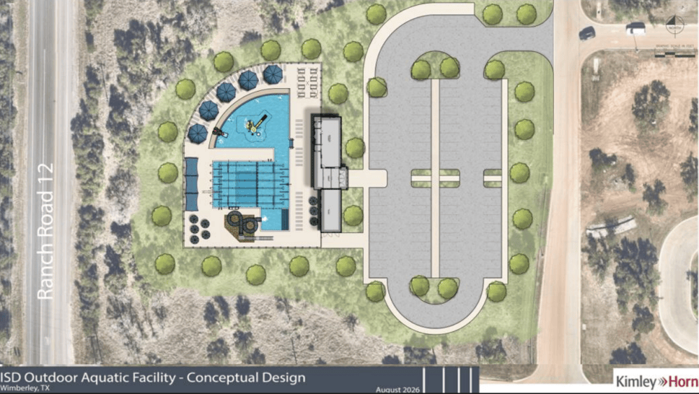 Conceptual design of an outdoor aquatic facility with pools and parking.
